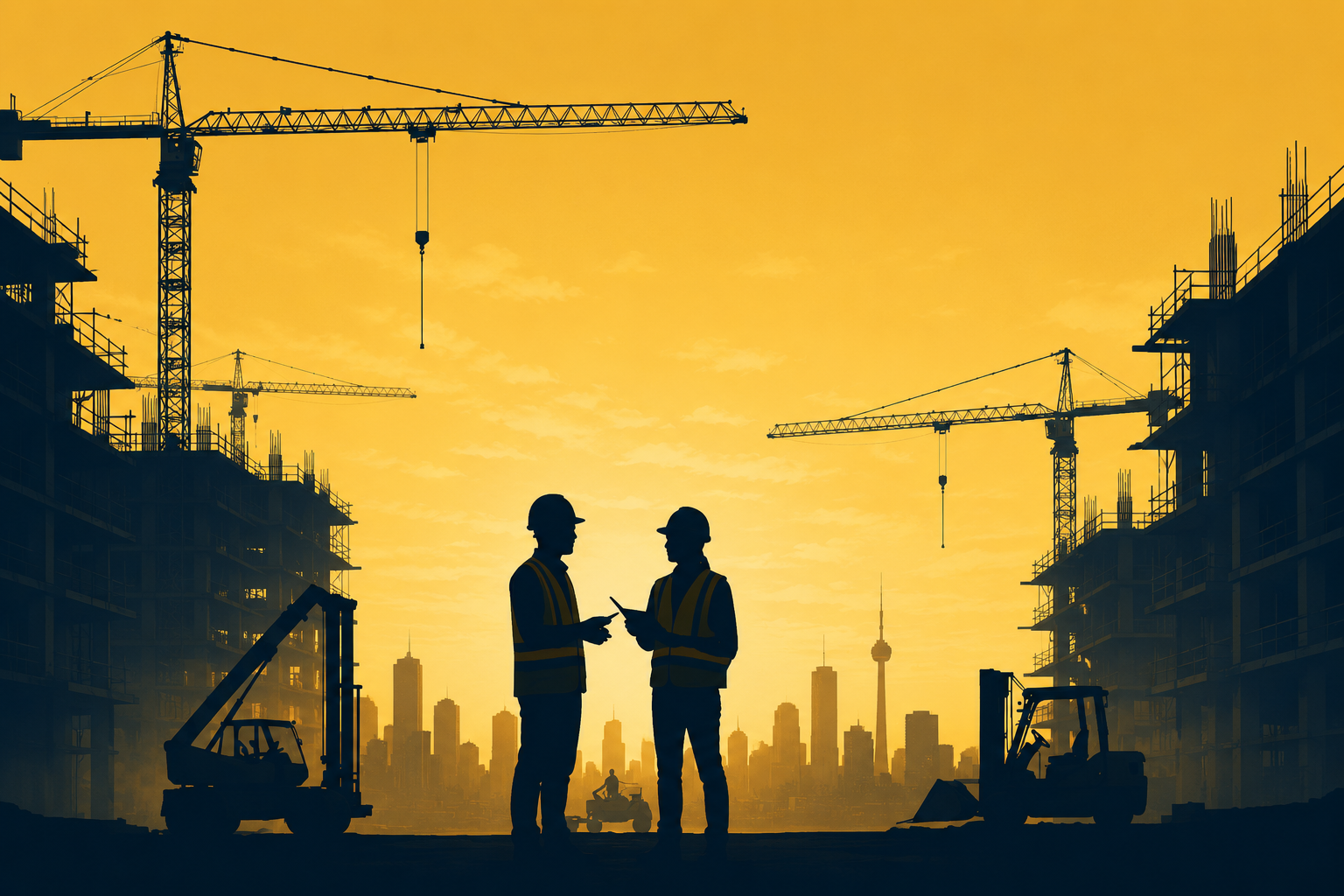 Silhouetted construction workers on a Toronto skyline site at golden hour