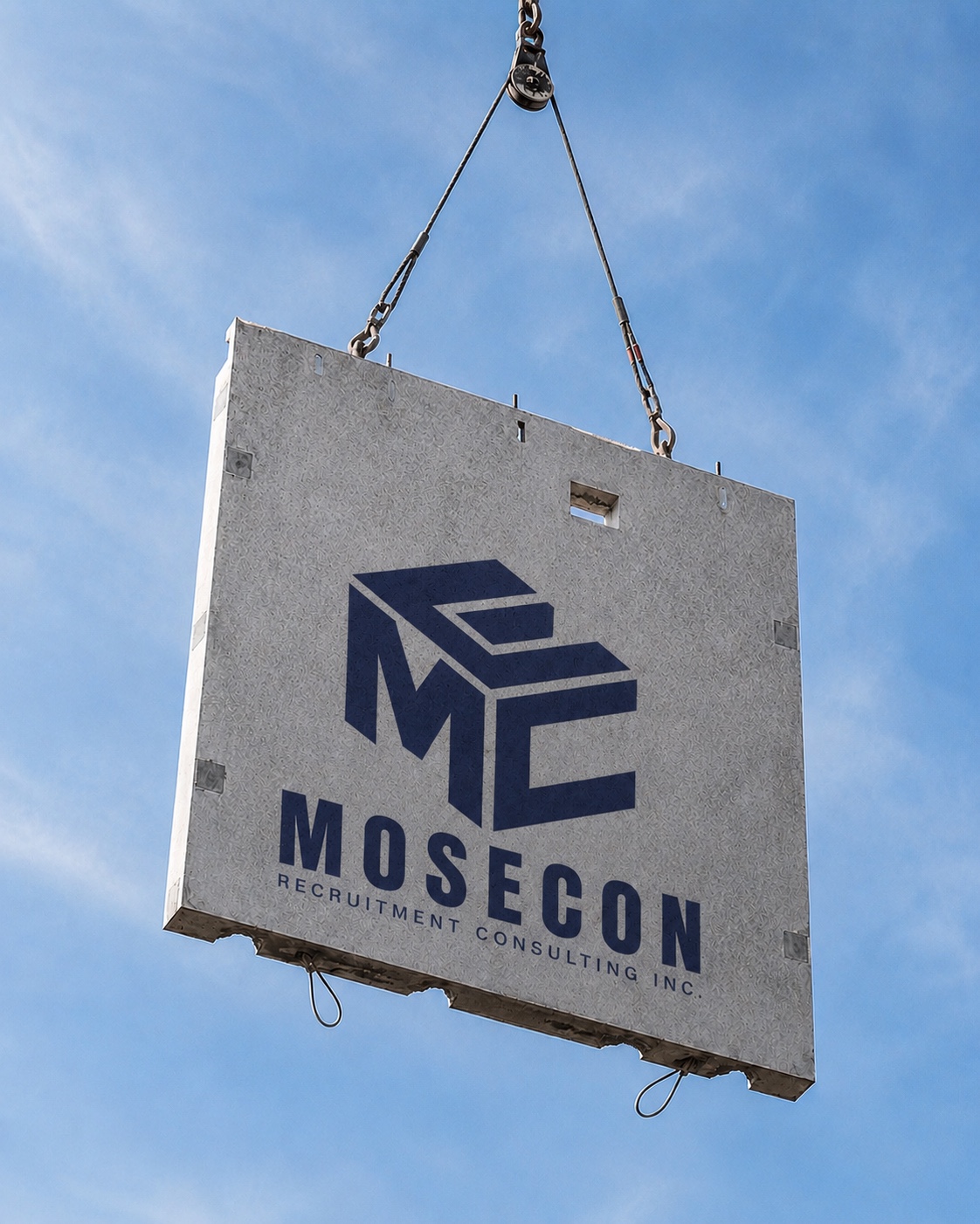 Mosecon Recruitment Consulting branded concrete panel suspended by crane against a blue sky